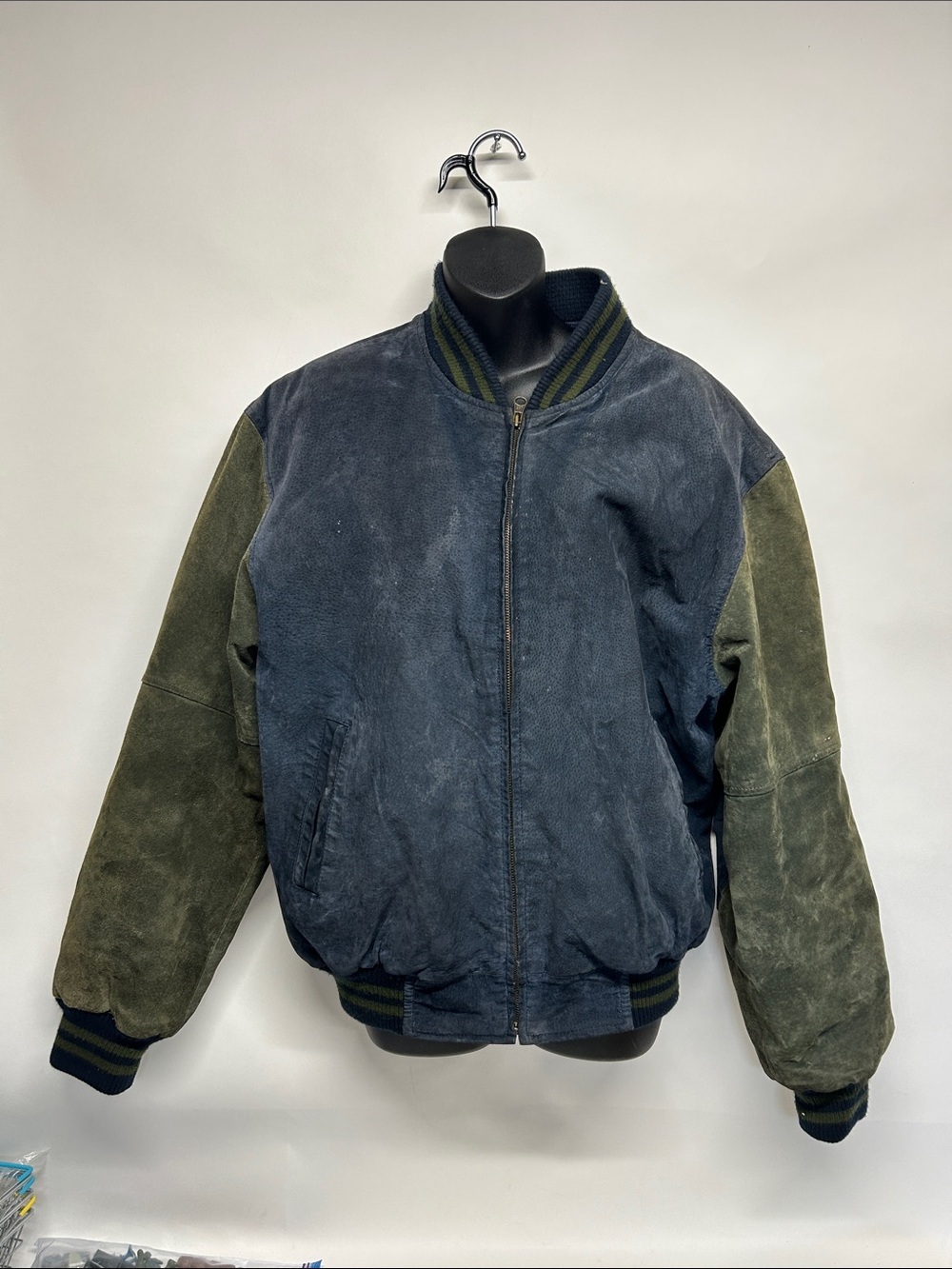 Varsity Two-Tone Suede Bomber Jacket - Navy & Olive medium vintage leather